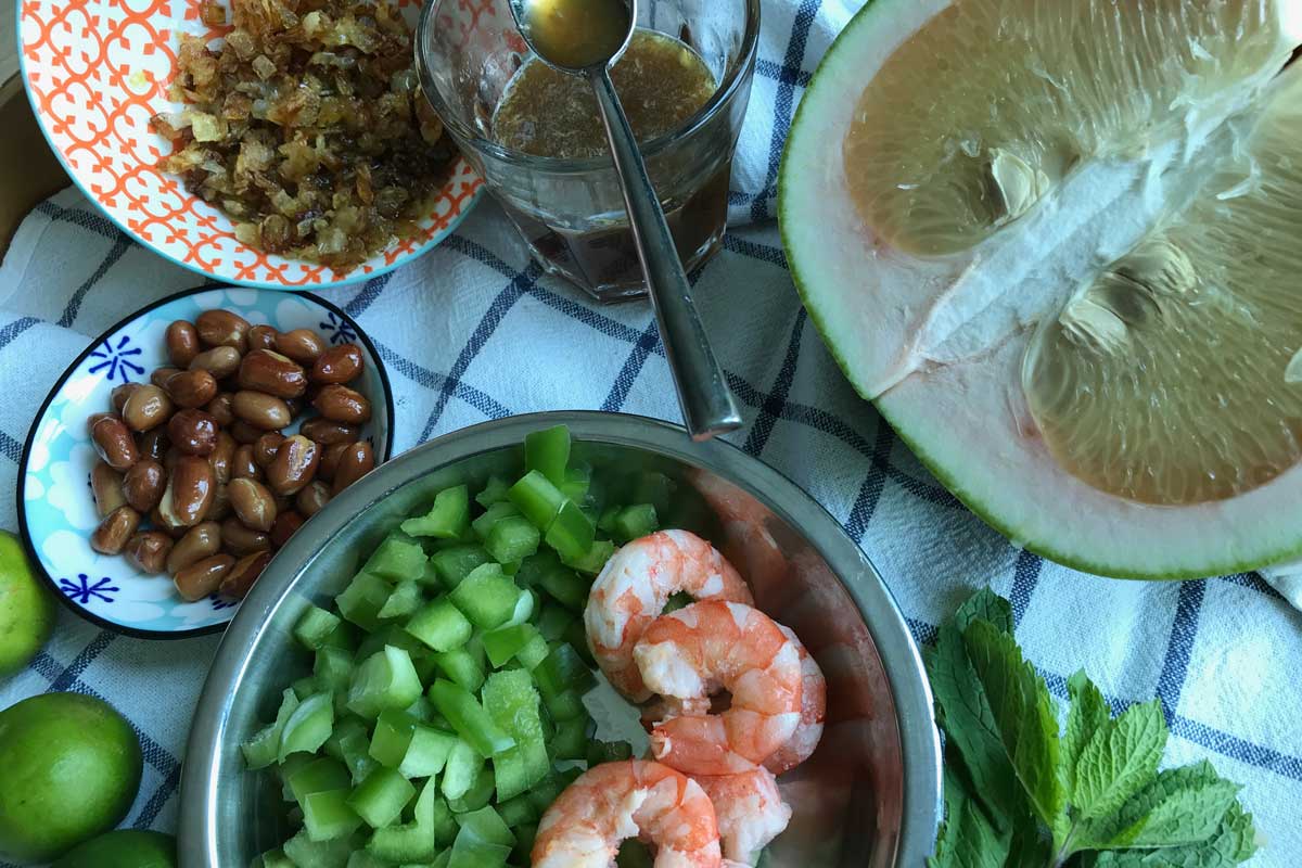 pomelo salad, a Thai treat, served with fried shallots - wilfriedscooking